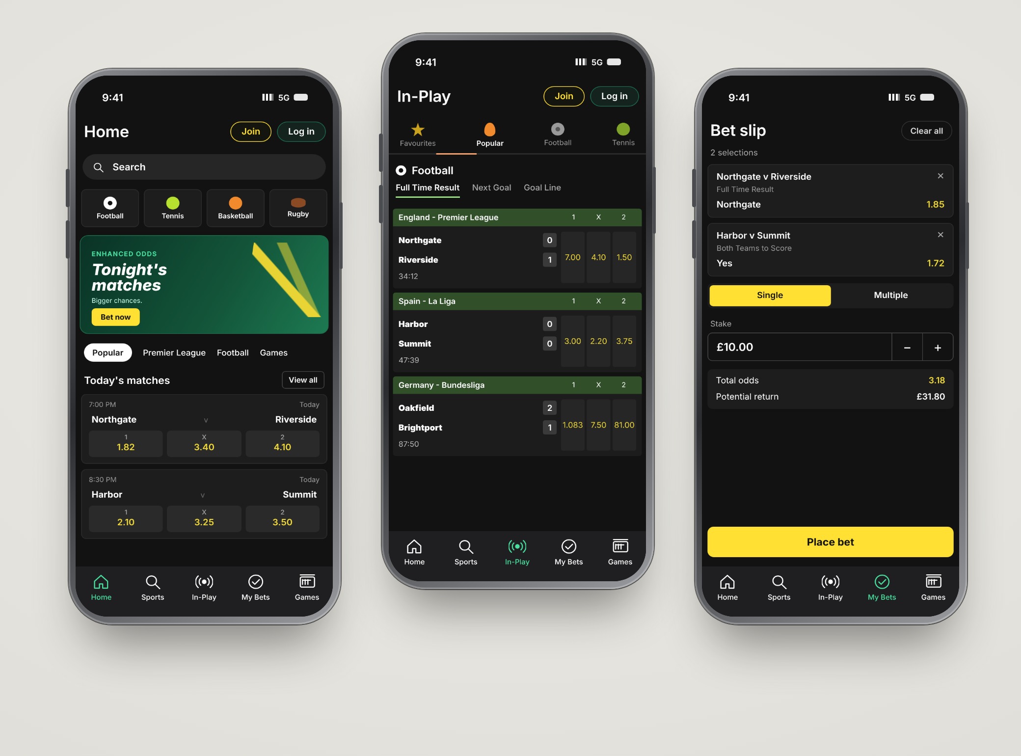 Three example app screens made with AI: home, live matches and bet slip