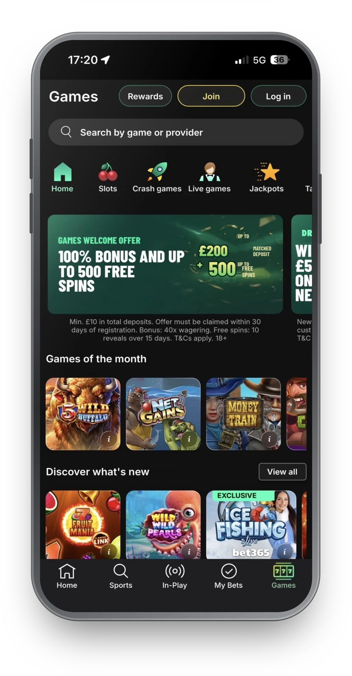 bet365 app Games home with welcome offer banner