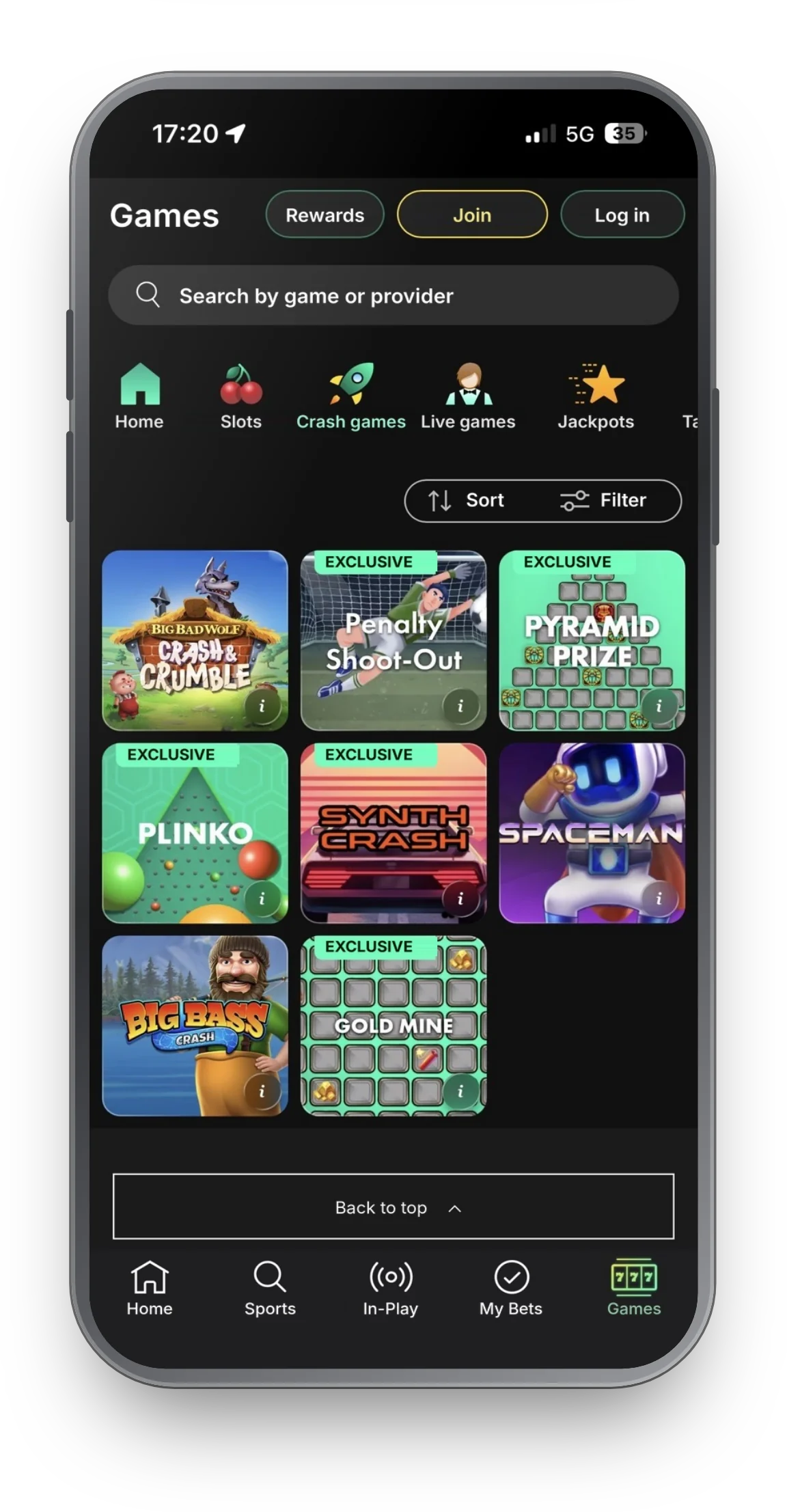 bet365 app Games screen with game categories and exclusive tiles