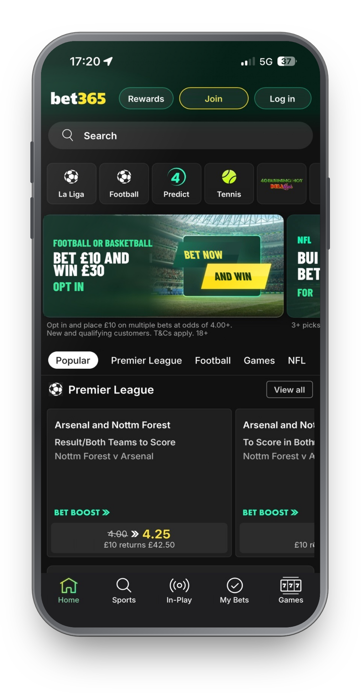 bet365 app home screen: search, promo banner, Bet Boost card and the five-tab navigation