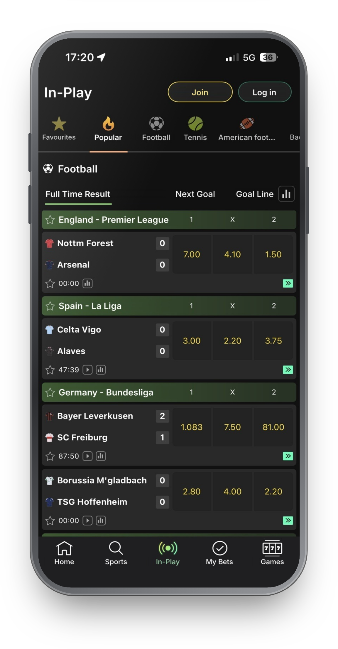 bet365 app In-Play screen: live football with odds and the navigation bar