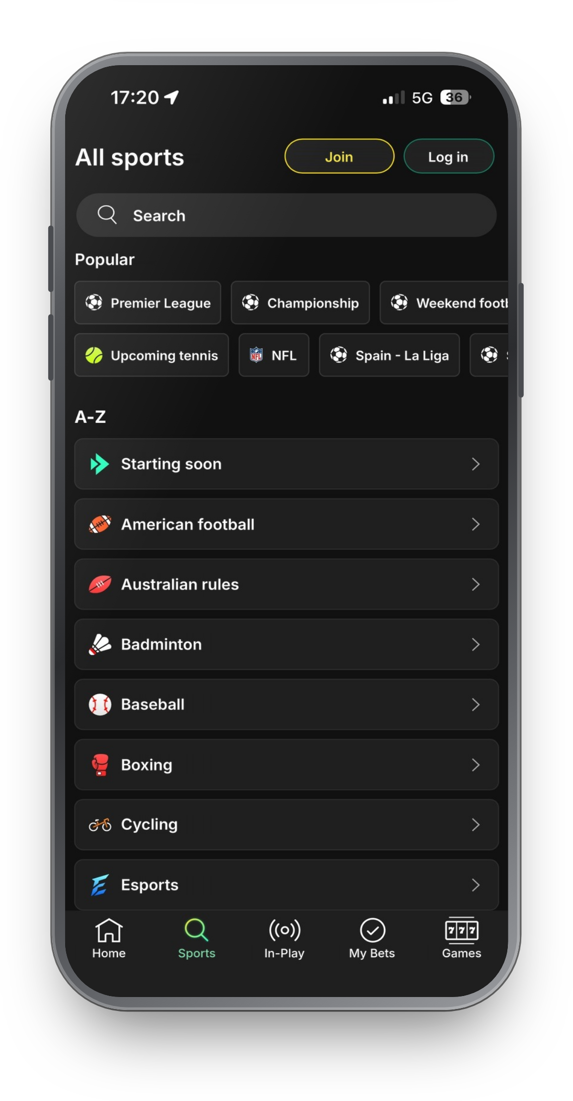 bet365 app All sports screen with A-Z list