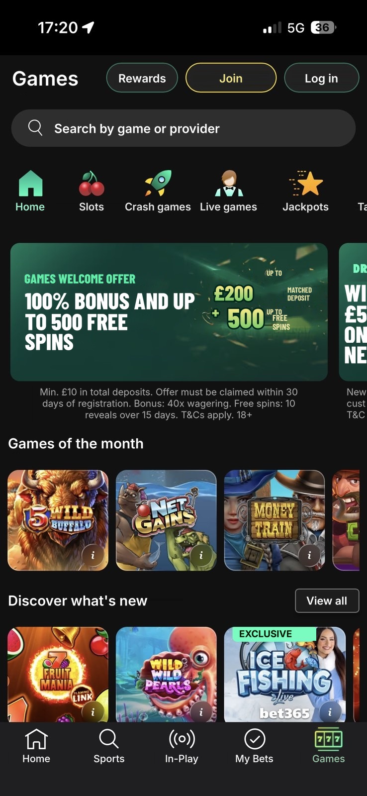 bet365 app screen: games, casino home