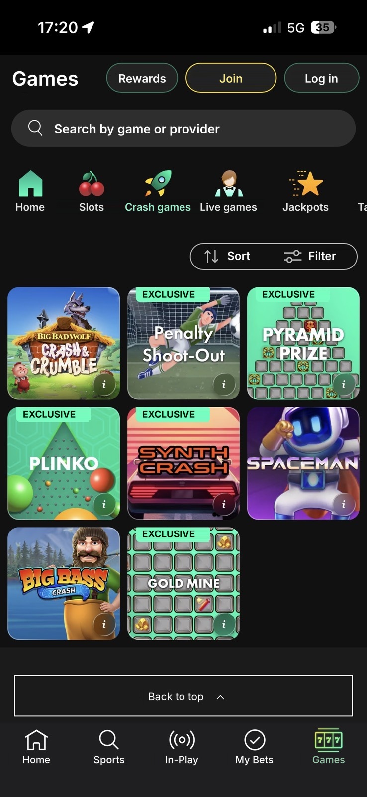 bet365 app screen: games, crash games