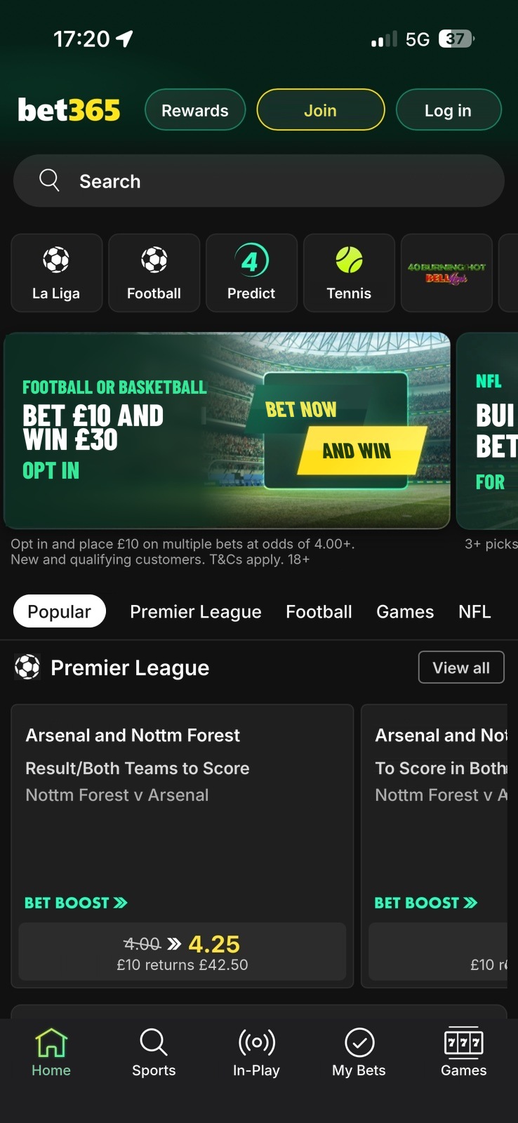 bet365 app screen: home