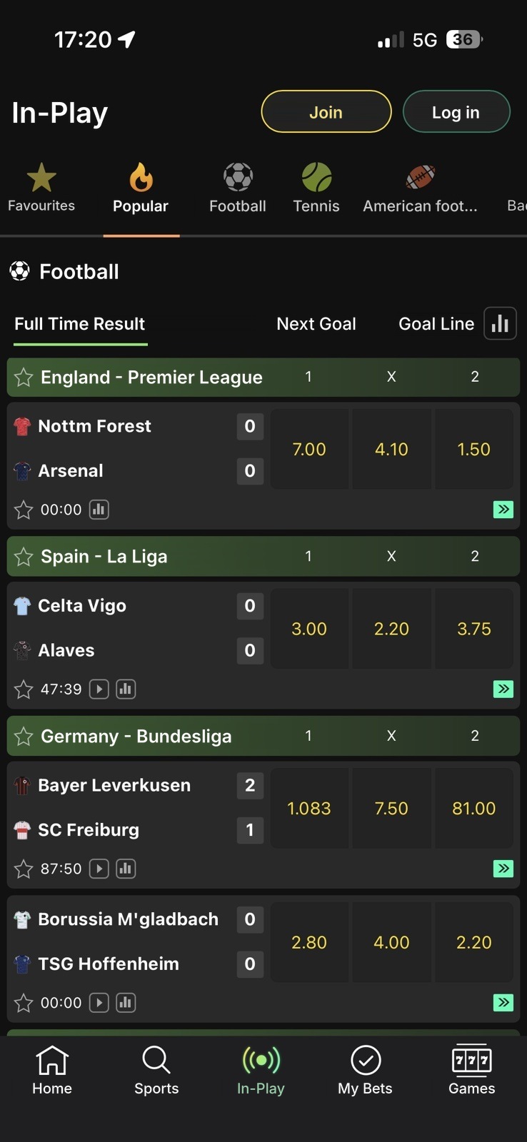 bet365 app screen: live