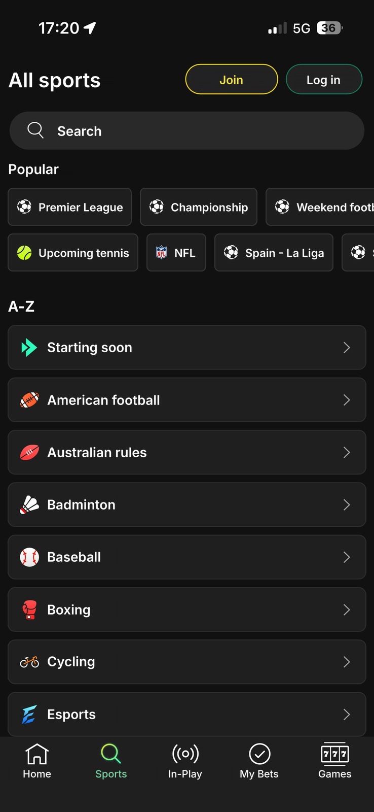 bet365 app screen: all sports