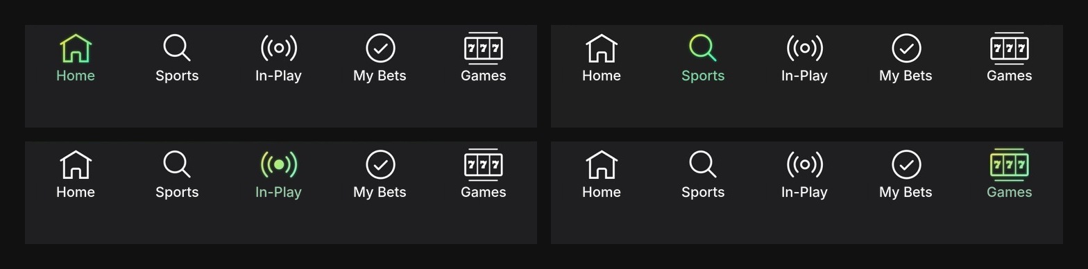 The five-tab navigation: Home, Sports, In-Play, My Bets and Games, shown with the active state on four tabs