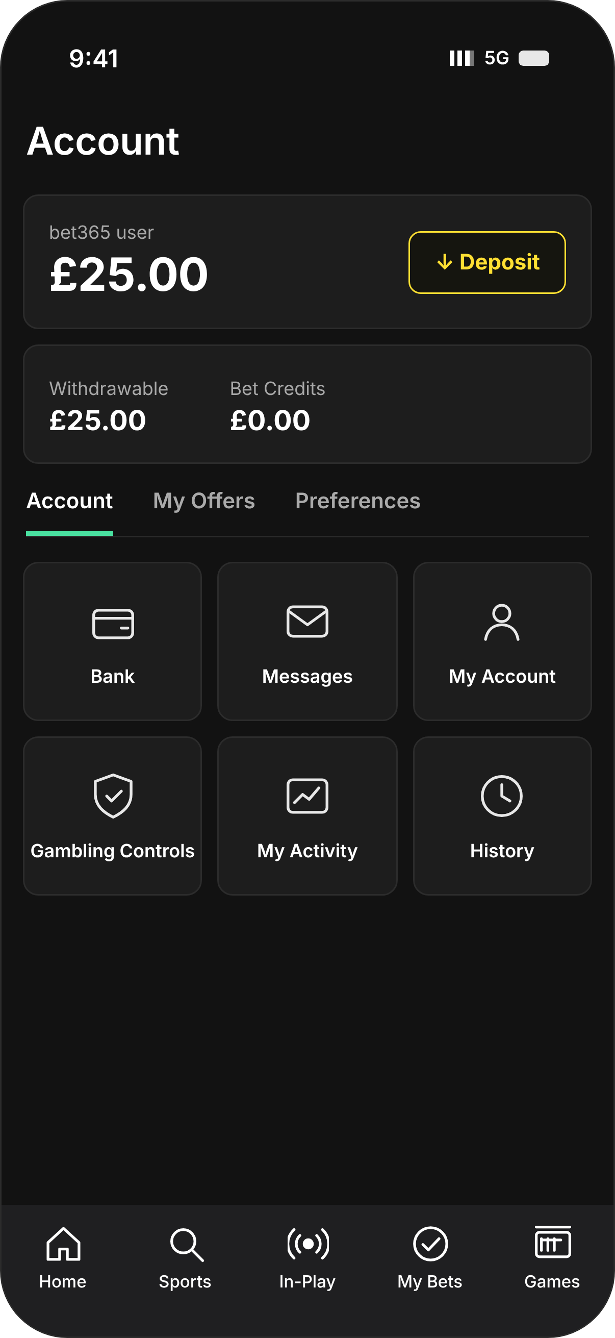 Payment flow redrawn in the latest design: account page with balance, Deposit button and the five-tab navigation