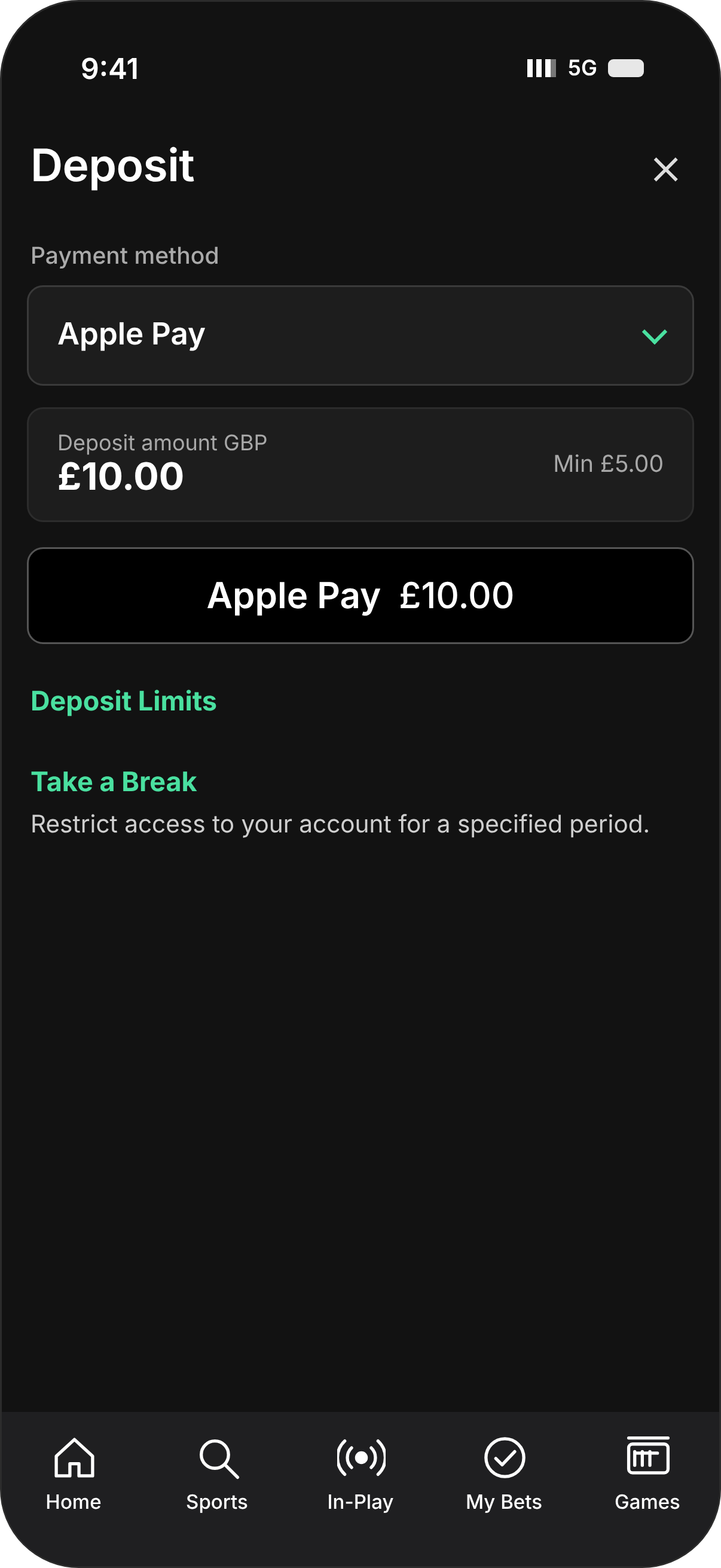Payment flow redrawn in the latest design: Deposit with Apple Pay, Deposit Limits and Take a Break
