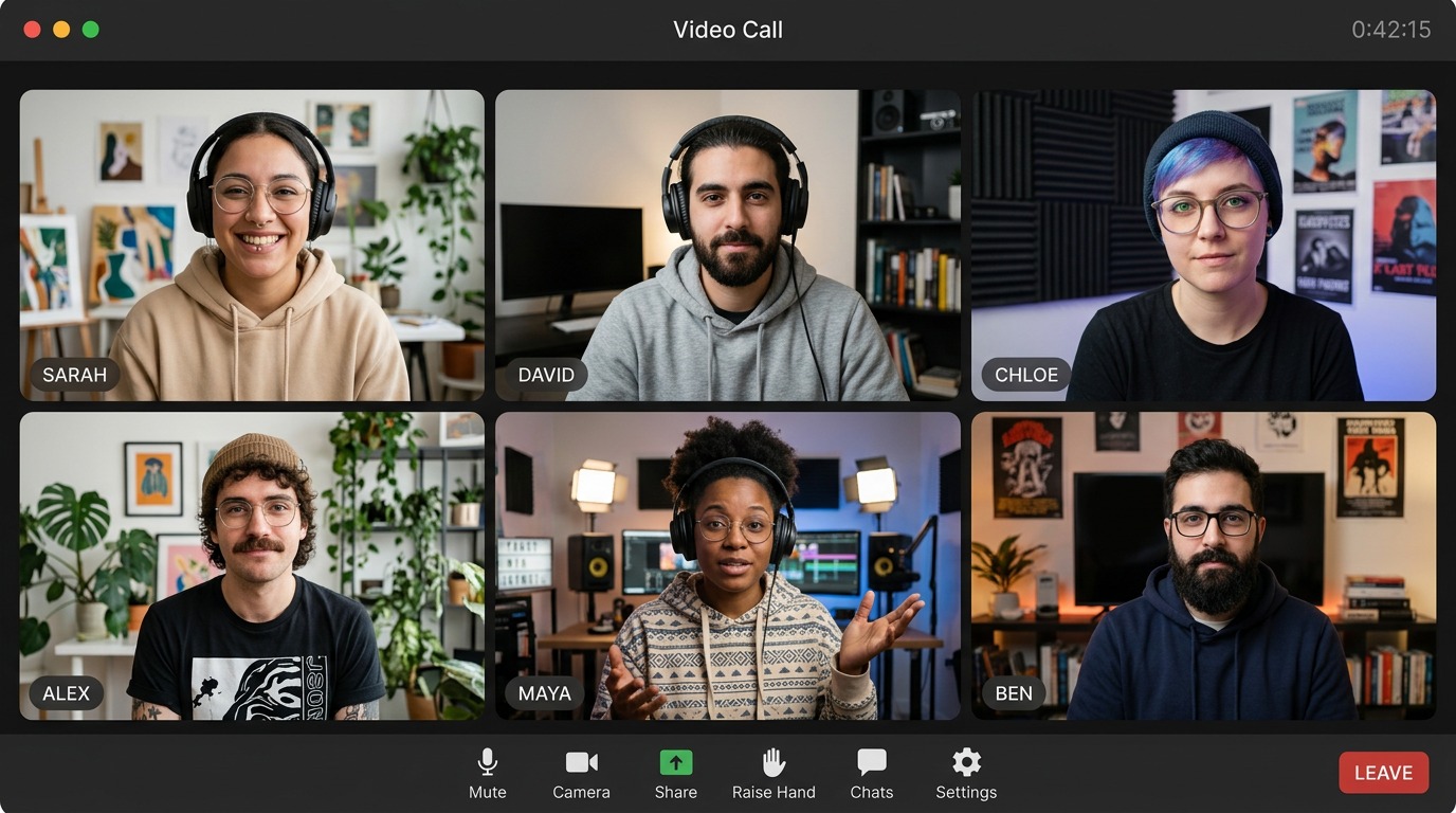UK Design team video call with six participants shown as avatars