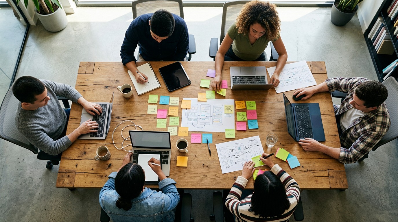 Team around a table with laptops, printed screens and sticky notes