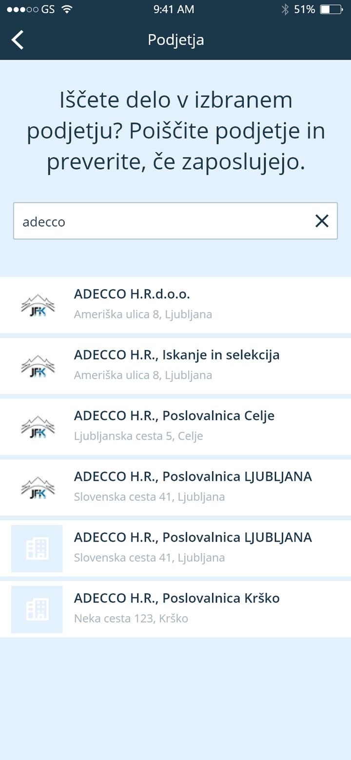 Moje delo company search with results for the typed name