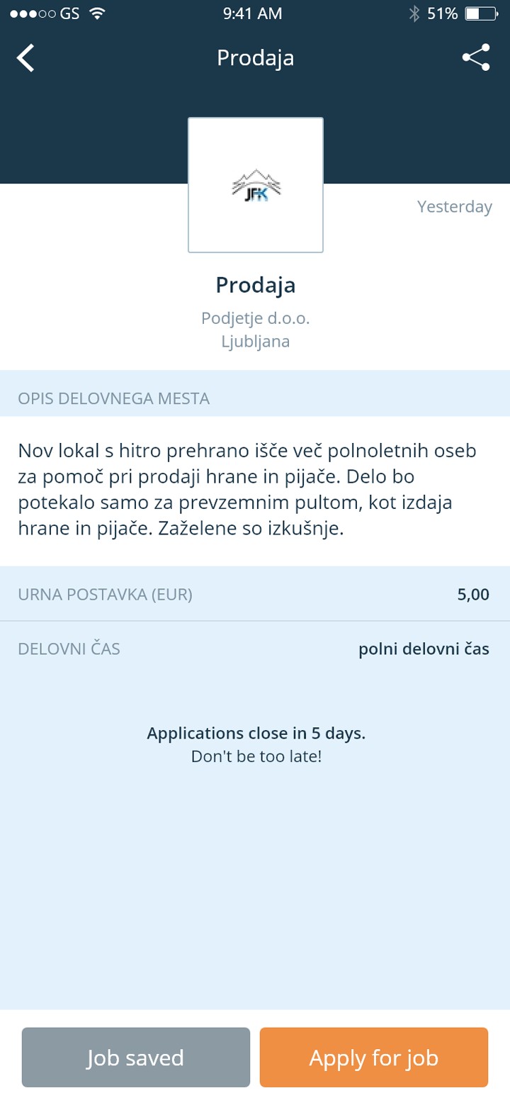 Moje delo job detail with Job saved and Apply for job buttons