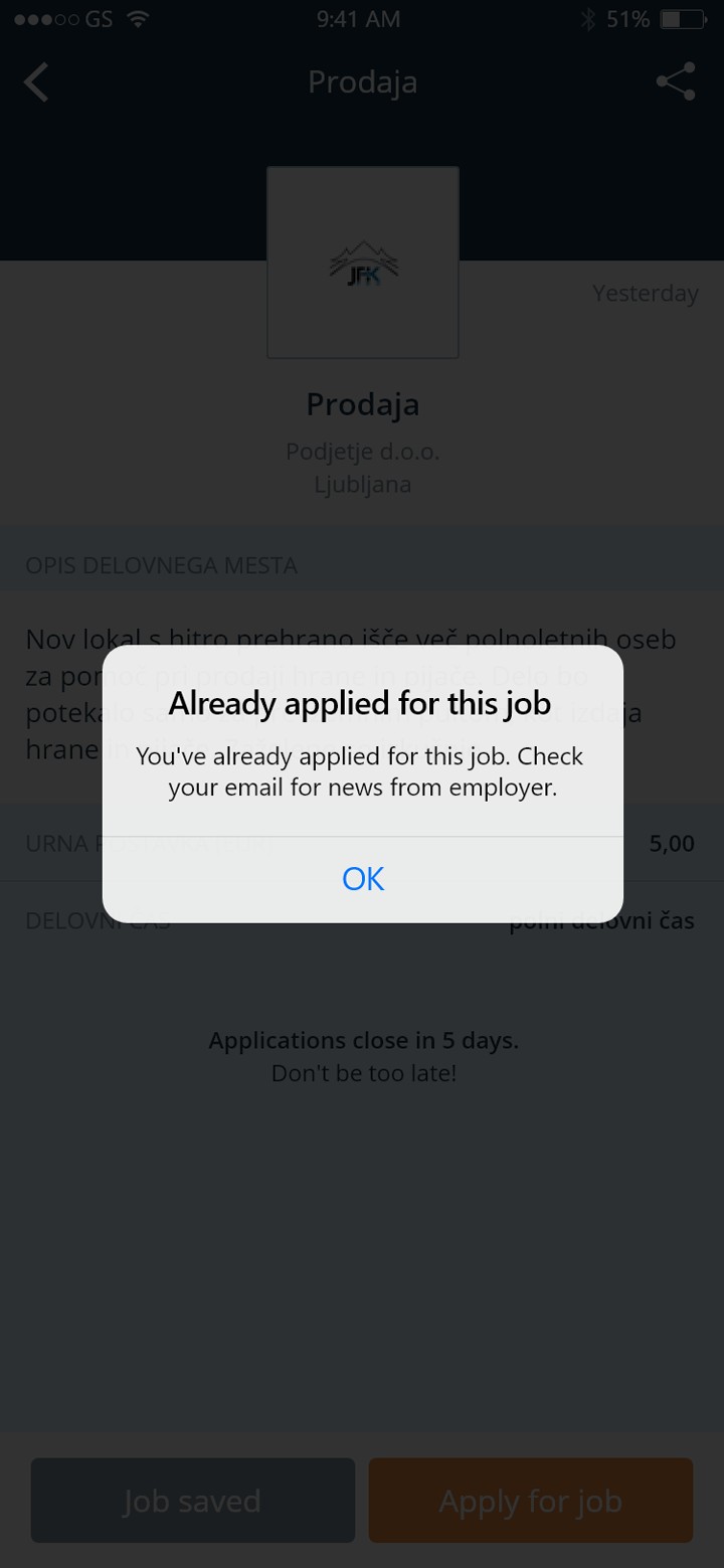 Moje delo native alert: already applied for this job