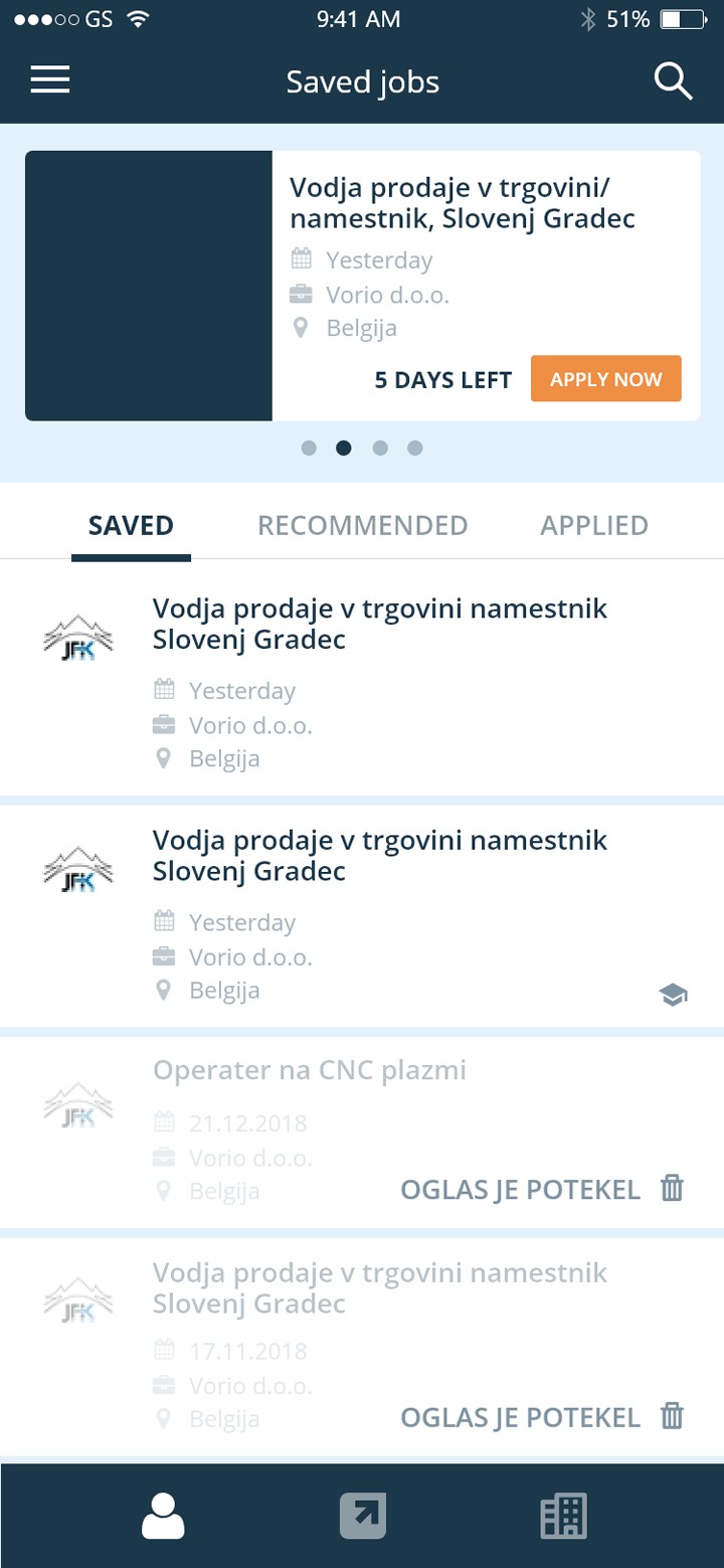 Moje delo Saved jobs screen with featured card and job rows