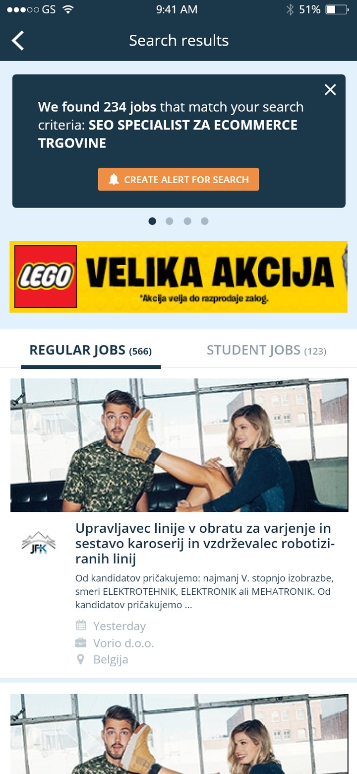 Moje delo search results screen with results banner and job cards