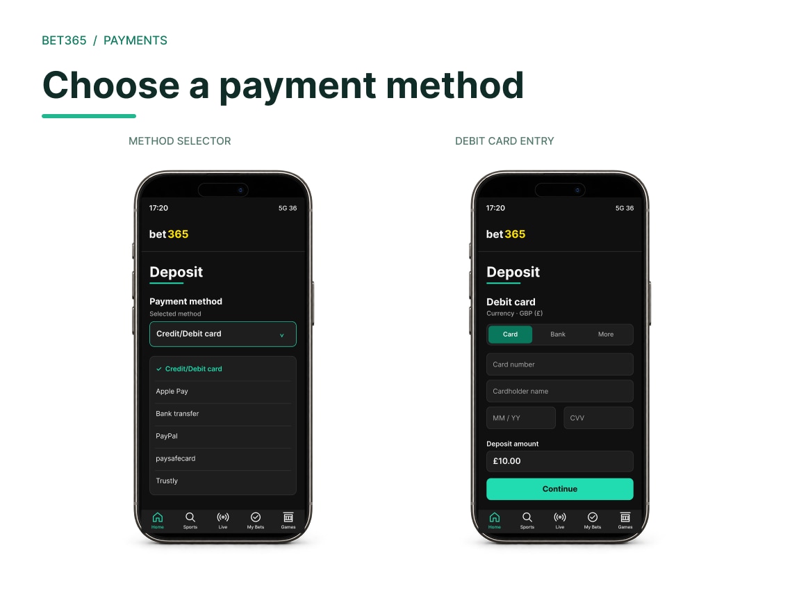 bet365 — FINAL 02 · Deposit method selection and card entry