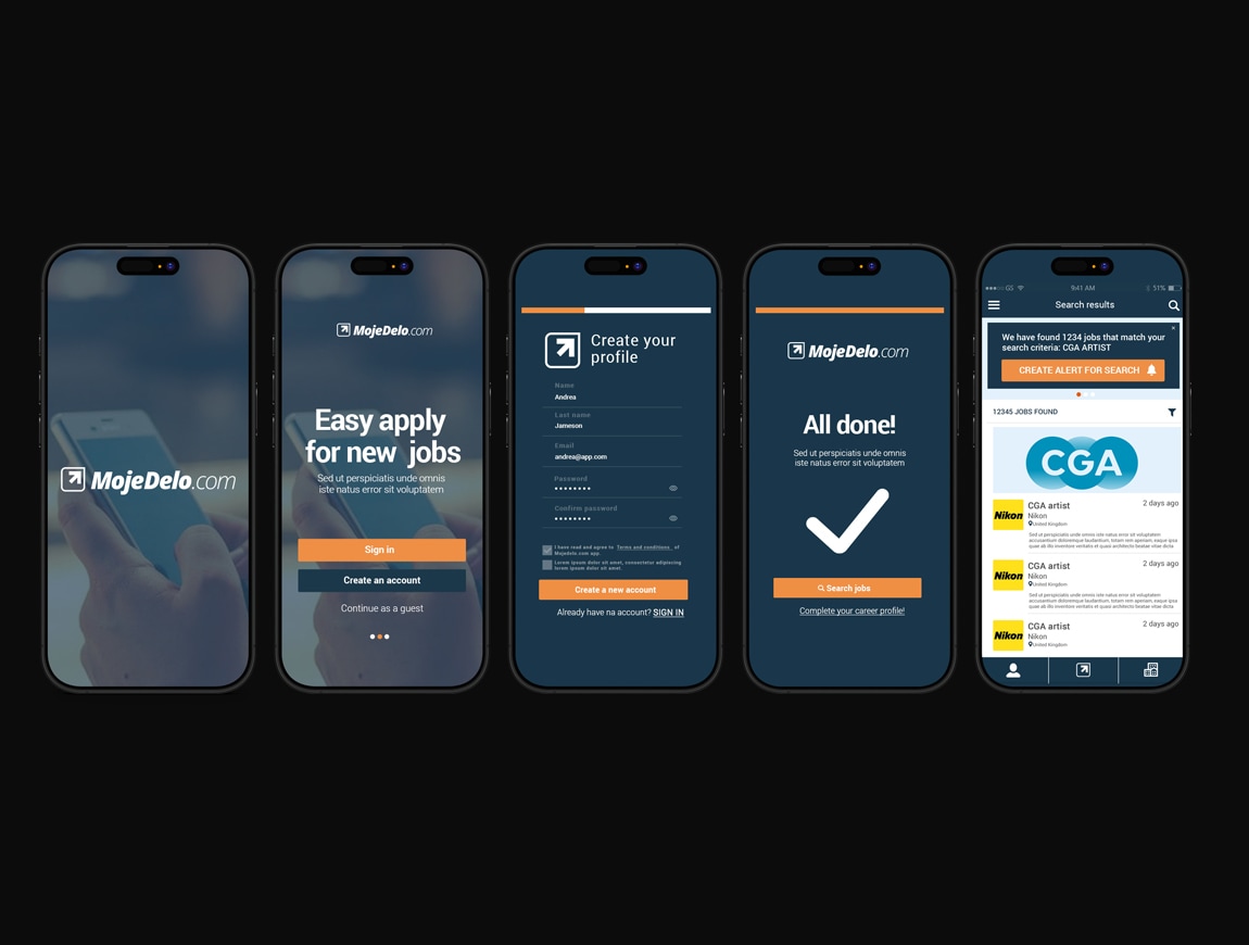 Moje delo interface 02: Onboarding and account setup