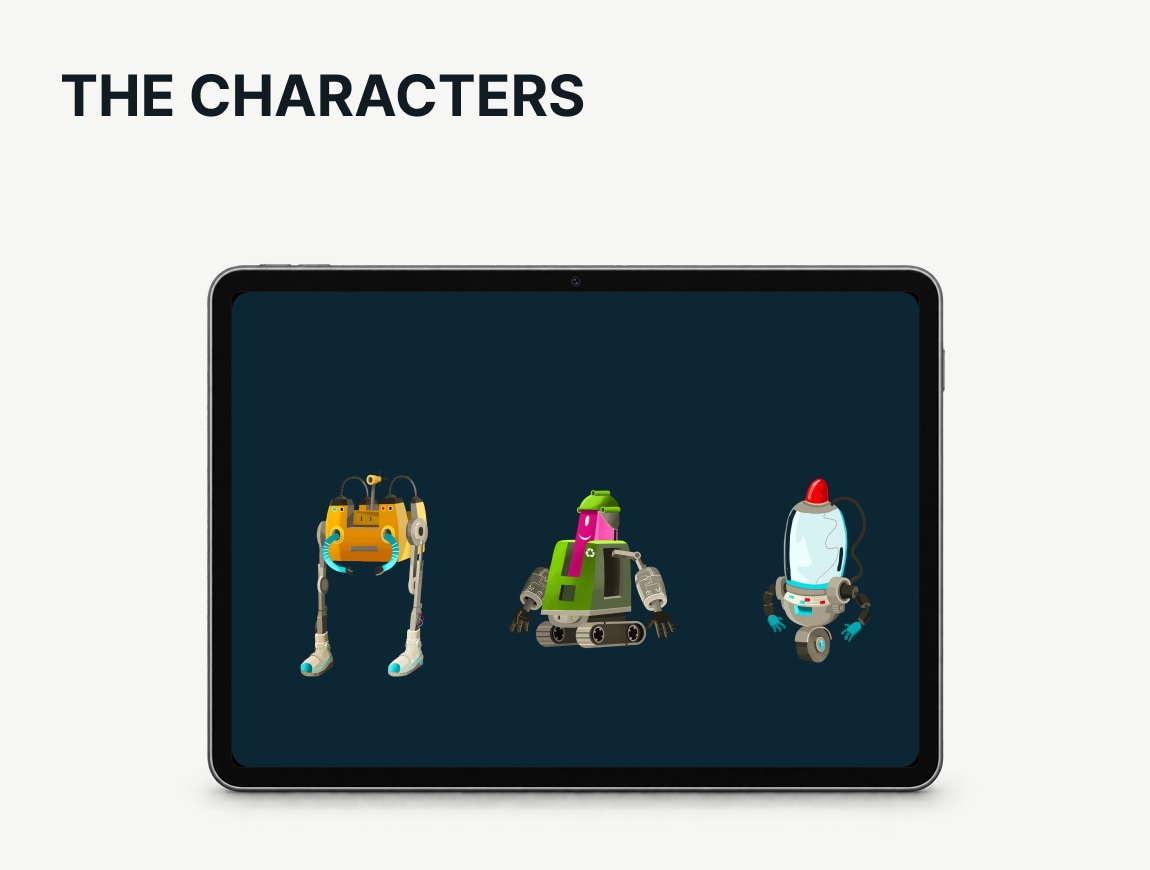 Reciklotroni — SCREEN 02 · Character cast on tablet