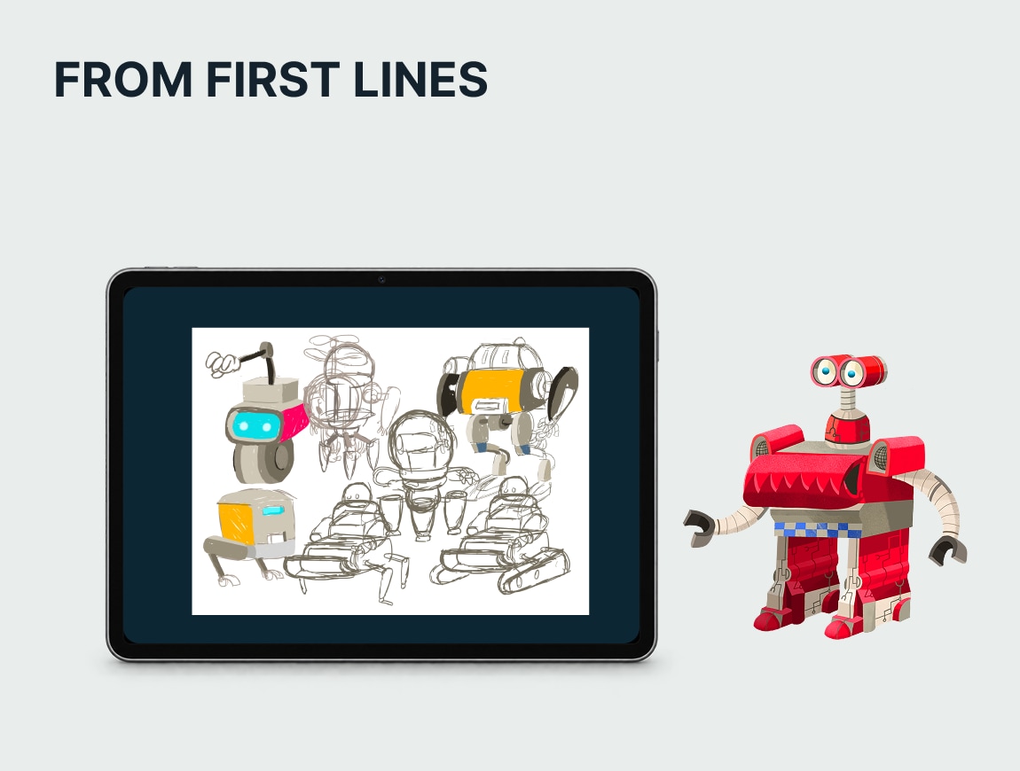 Reciklotroni — SCREEN 03 · From original drawing to final character