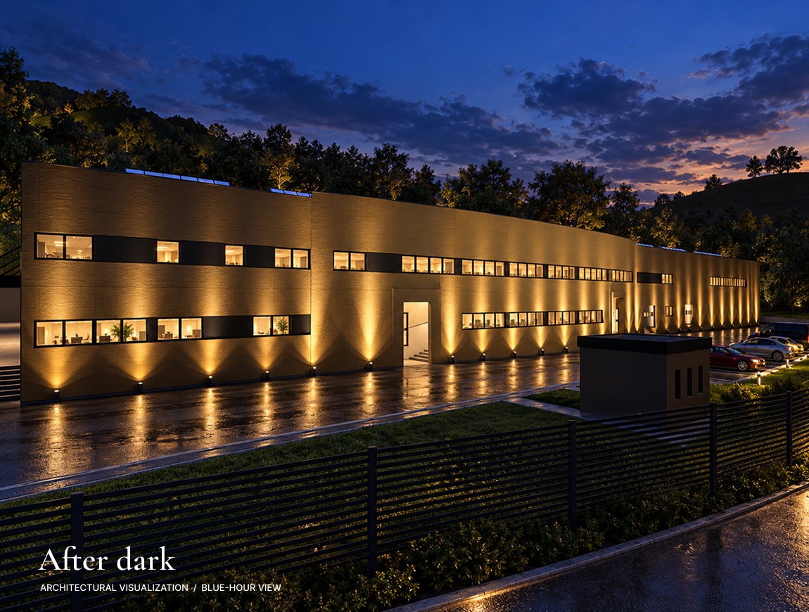 Saint John’s — 12 · Factory concept — blue hour