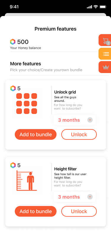Premium features: list with price per feature (frame: Premium features - main)