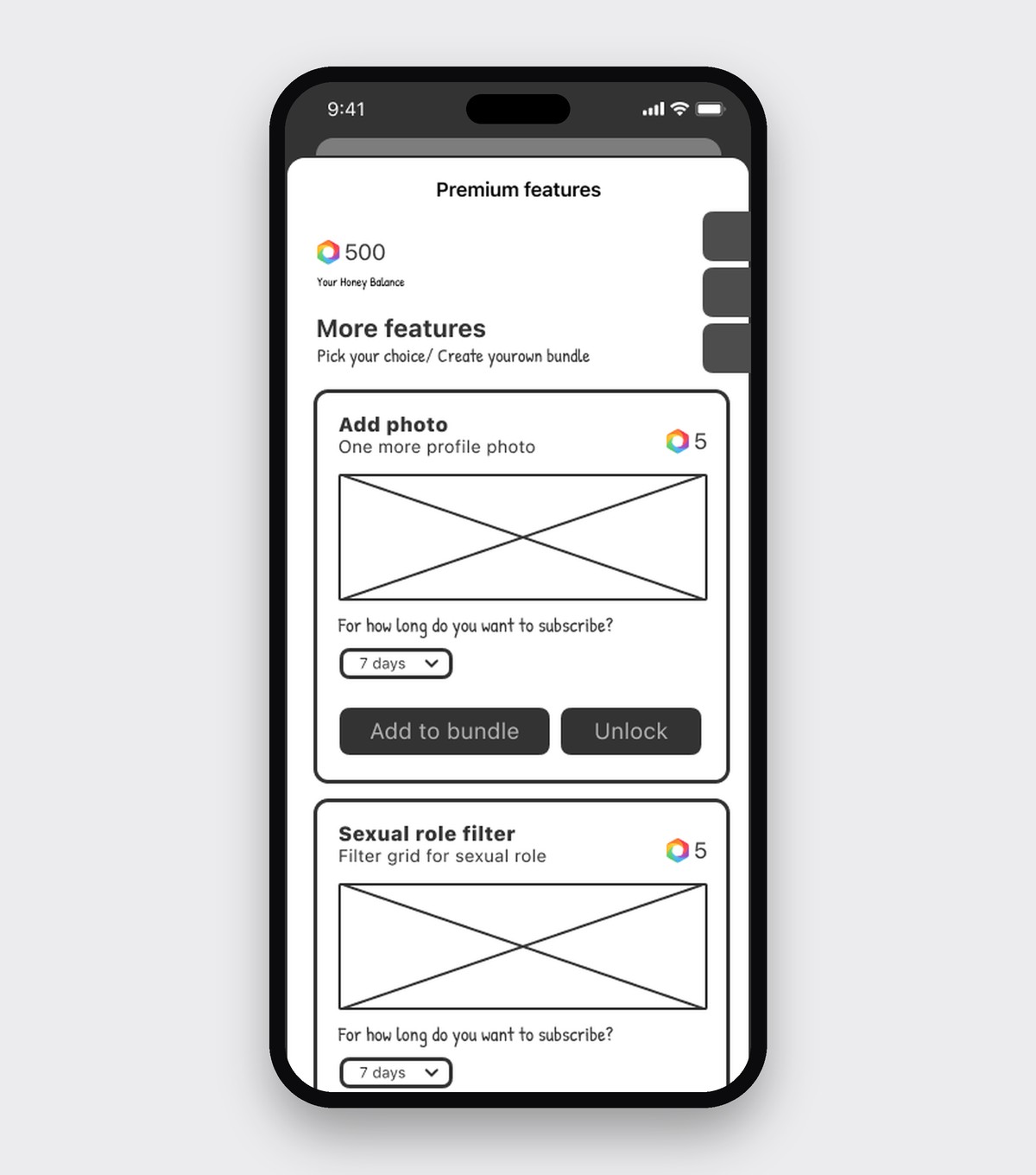 Wireframe of the Premium features list, shown in a full phone frame