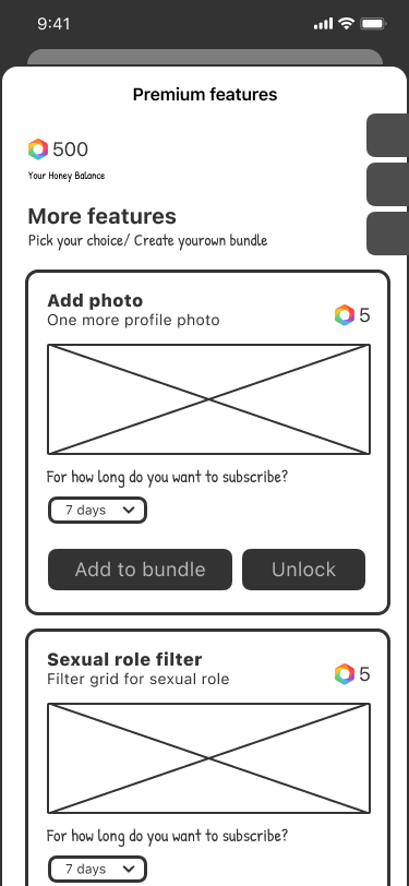 Wireframe: Flow 2 Premium features (frame: 512:4332)