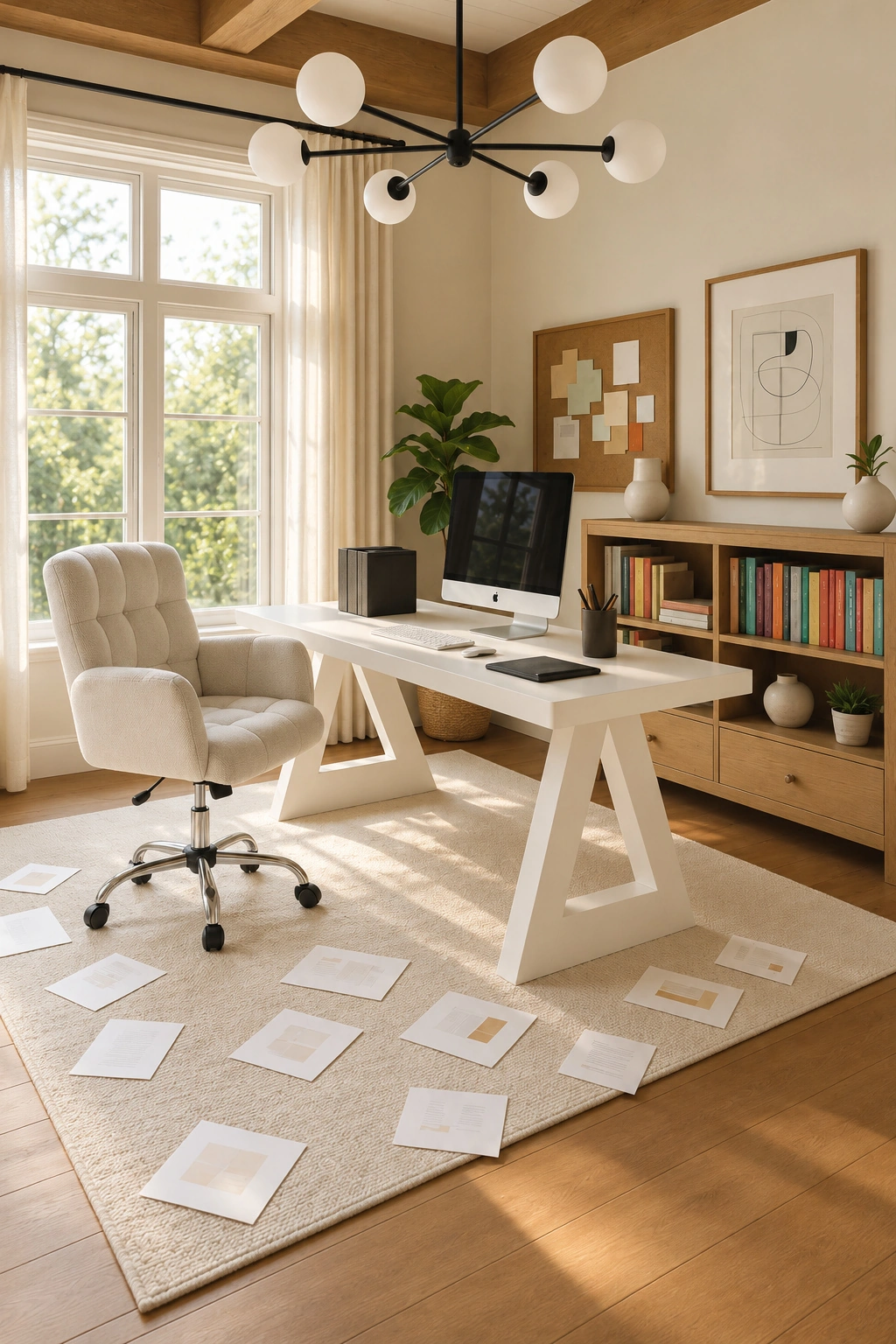 Bright home studio with a white desk and sketches scattered on the floor