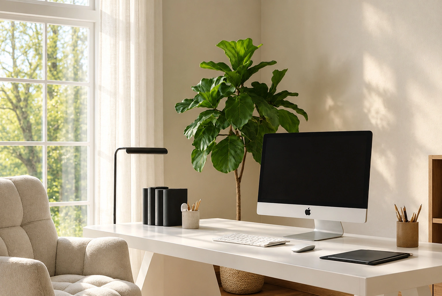 Desk with an iMac, a drawing tablet and a plant by a window