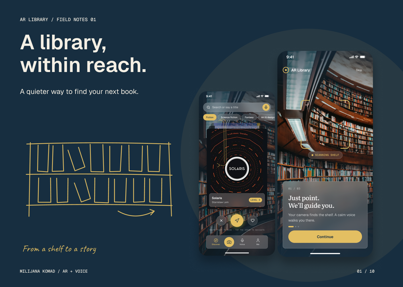 01 · A library, within reach. — original app screens with hand-drawn illustrations
