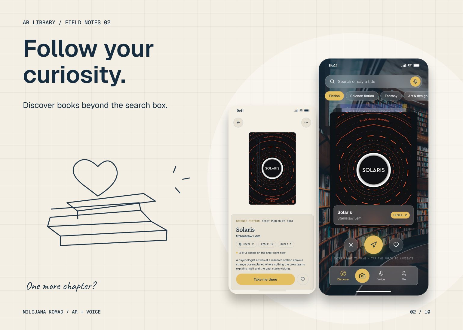 02 · Follow your curiosity. — original app screens with hand-drawn illustrations