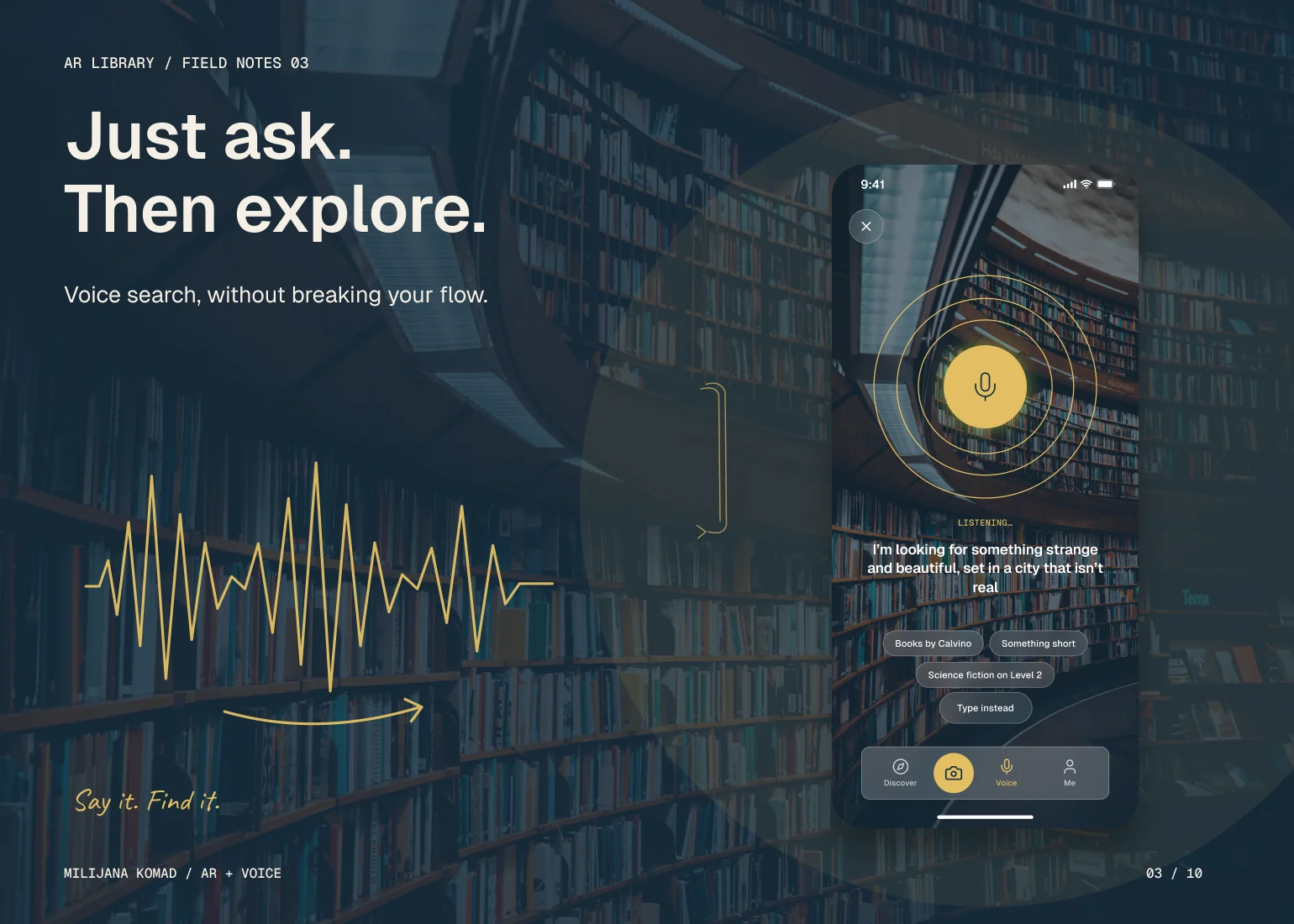 03 · Just ask. Then explore. — original app screens with hand-drawn illustrations