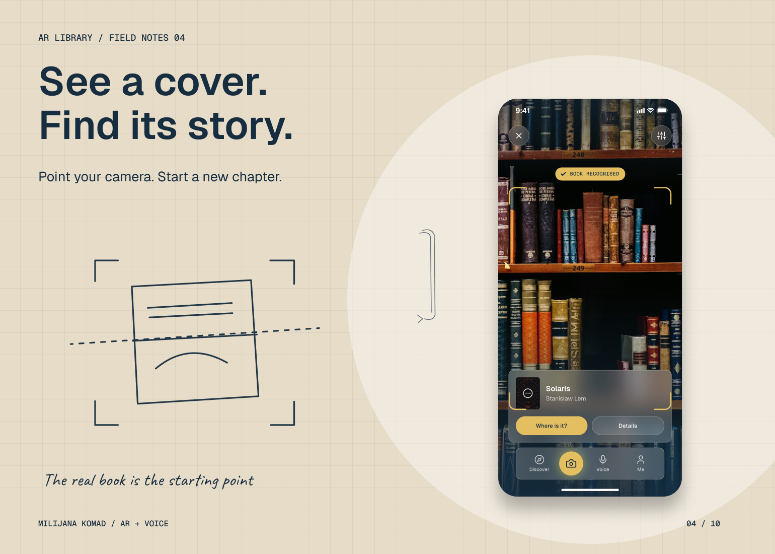 04 · See a cover. Find its story. — original app screens with hand-drawn illustrations
