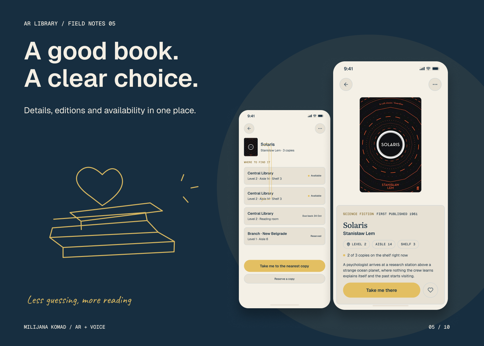 05 · A good book. A clear choice. — original app screens with hand-drawn illustrations