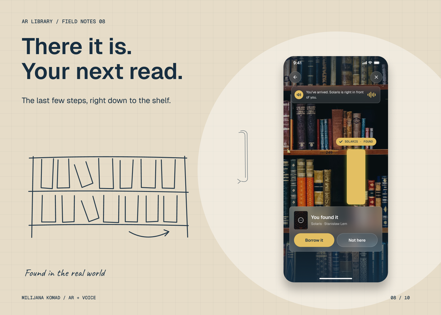 08 · There it is. Your next read. — original app screens with hand-drawn illustrations