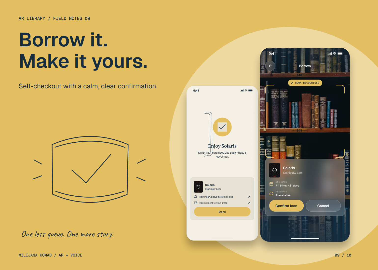 09 · Borrow it. Make it yours. — original app screens with hand-drawn illustrations