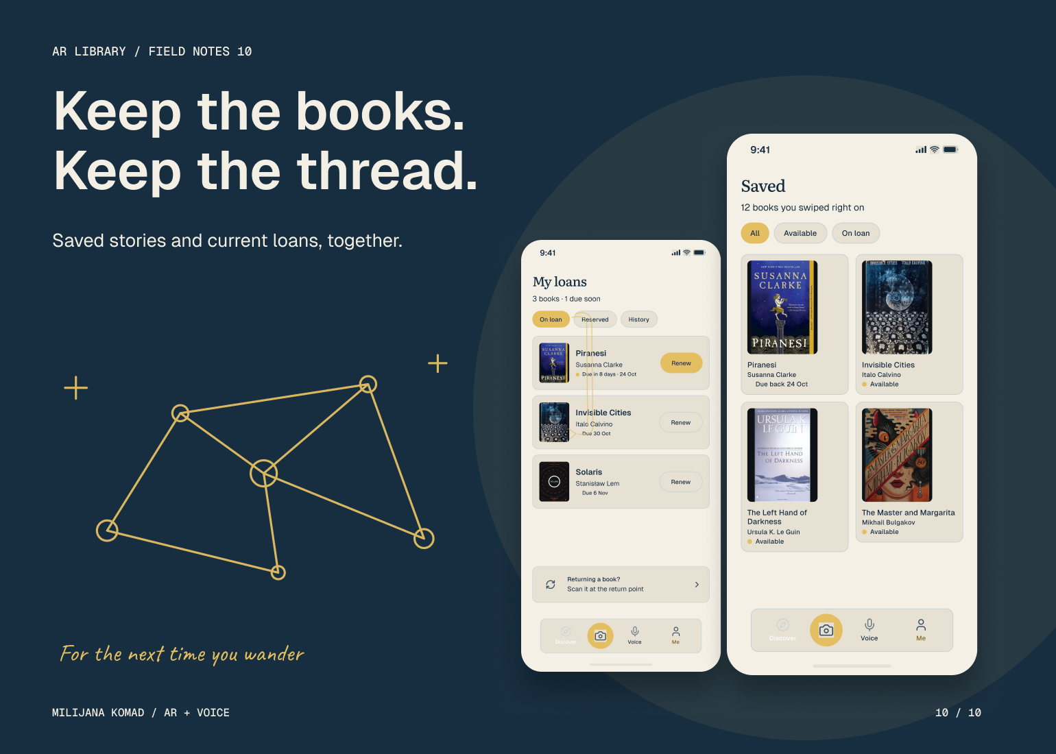 10 · Keep the books. Keep the thread. — original app screens with hand-drawn illustrations