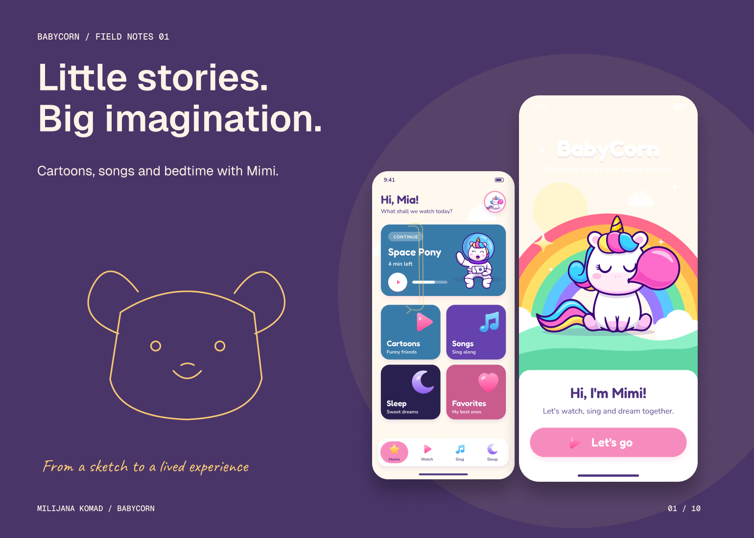 01 · Little stories. Big imagination. — original app screen and hand-drawn story