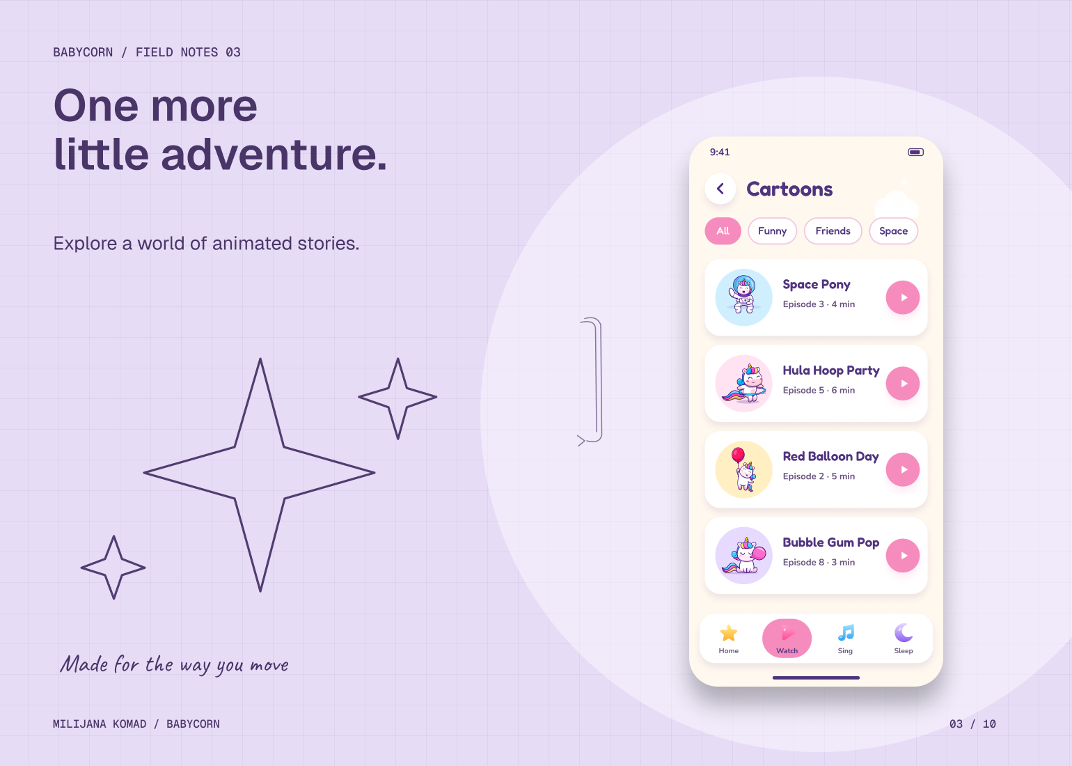 03 · One more little adventure. — original app screen and hand-drawn story