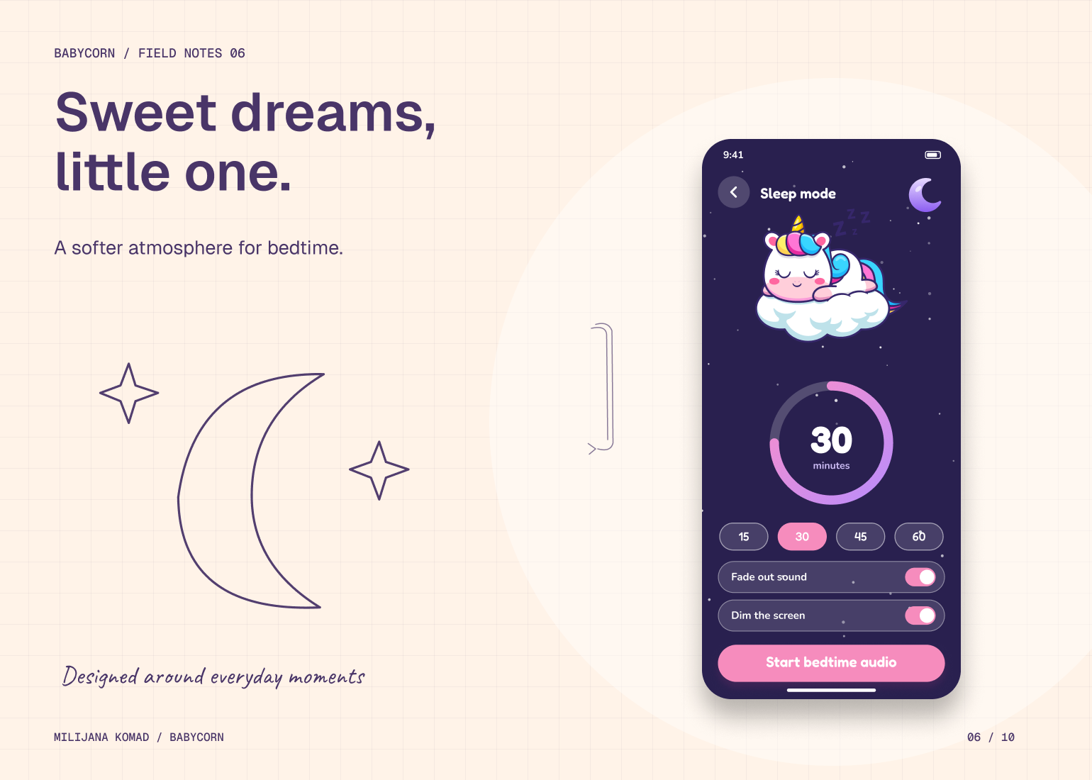 06 · Sweet dreams, little one. — original app screen and hand-drawn story