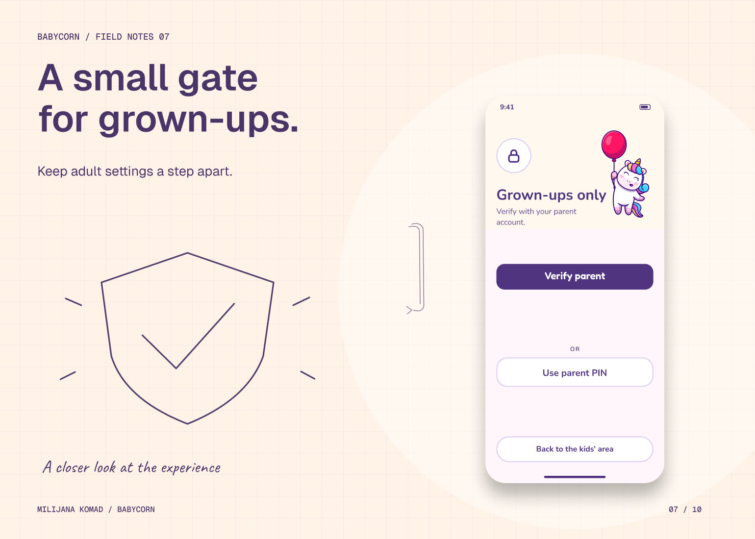 07 · A small gate for grown-ups. — original app screen and hand-drawn story