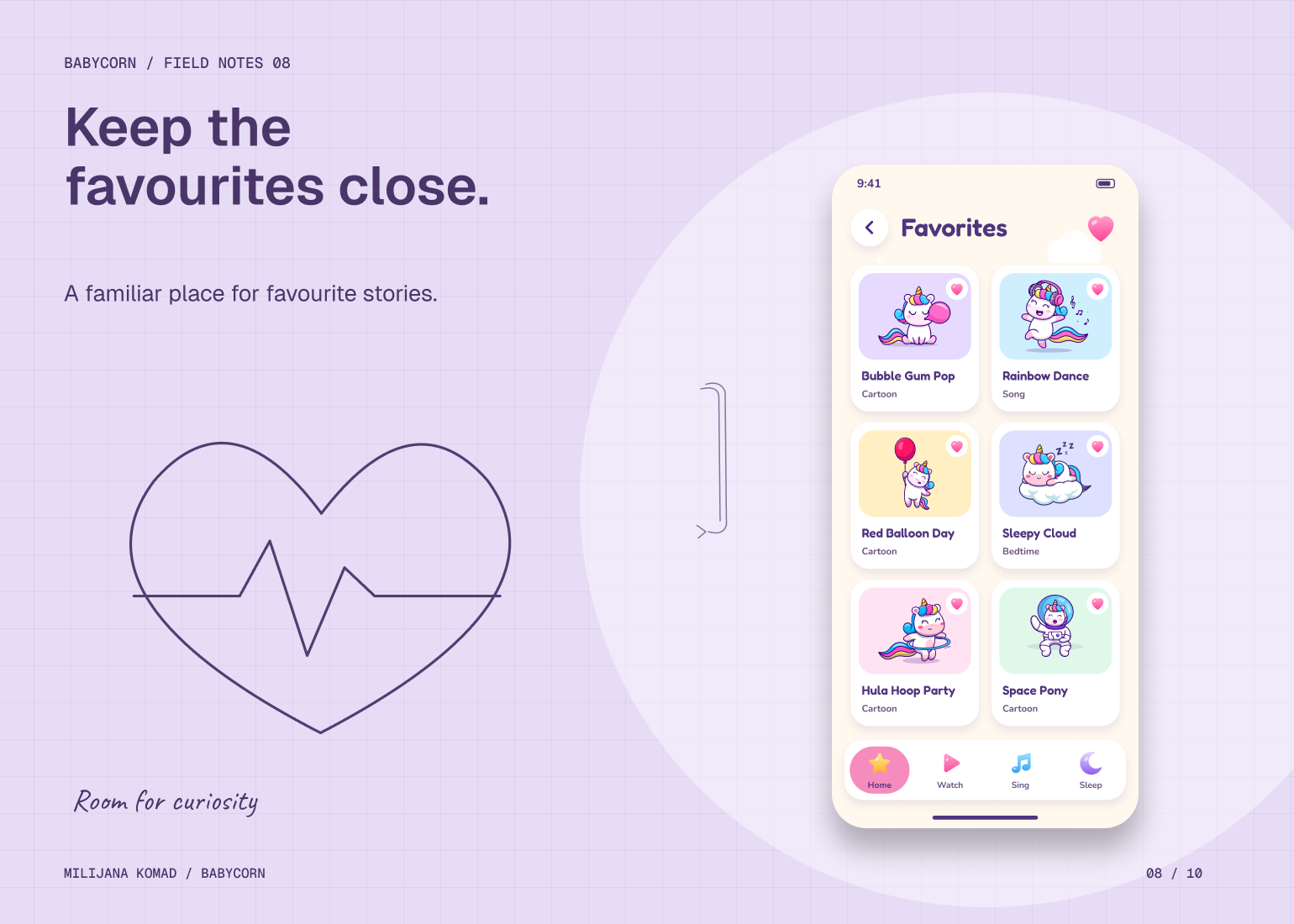 08 · Keep the favorites close. — original app screen and hand-drawn story