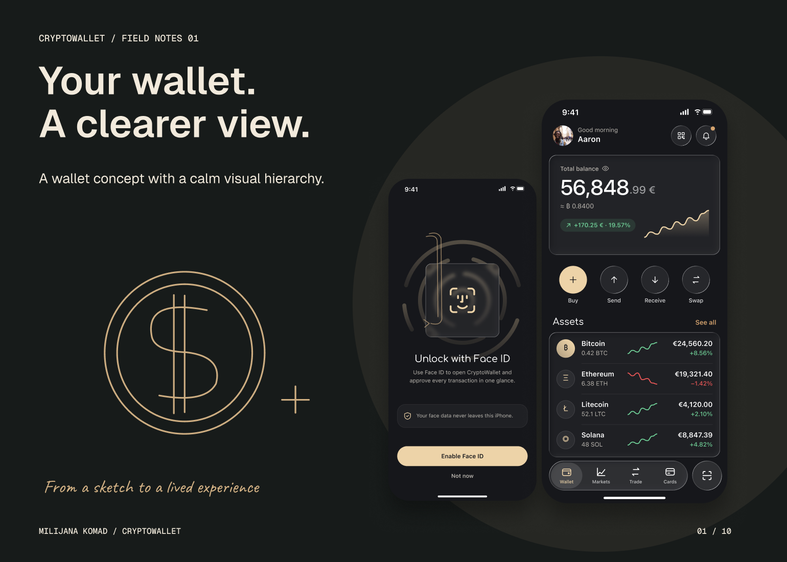 01 · Your wallet. A clearer view. — original app screen and hand-drawn story