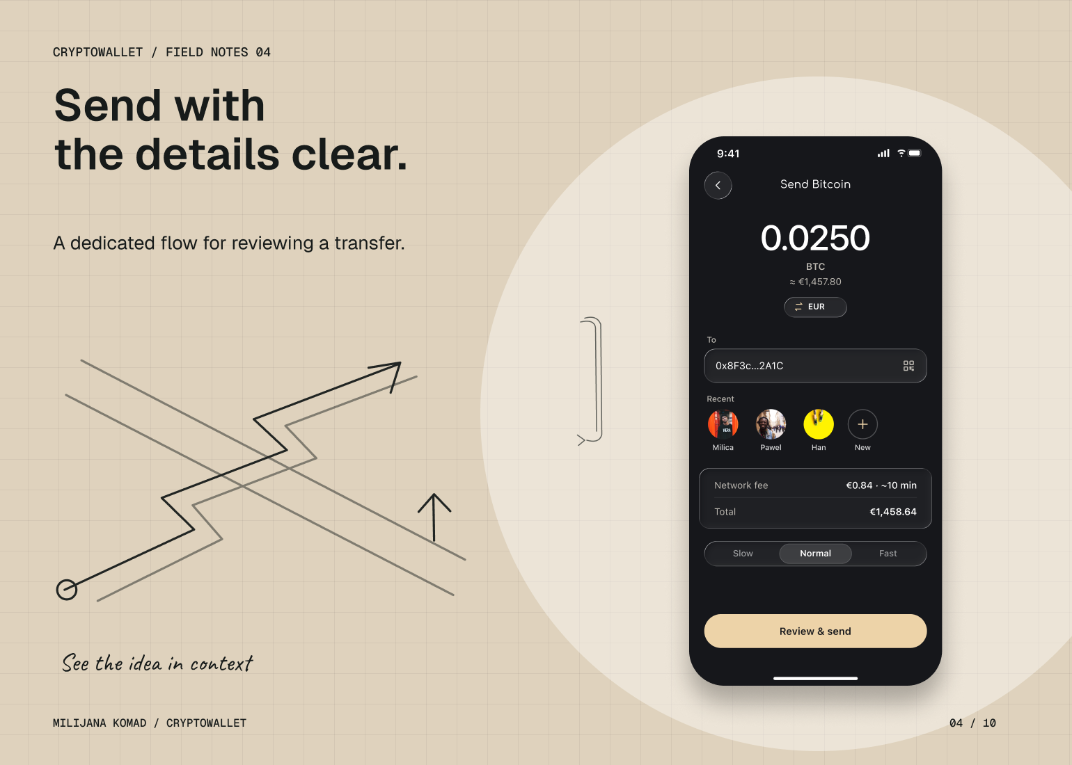 04 · Send with the details clear. — original app screen and hand-drawn story