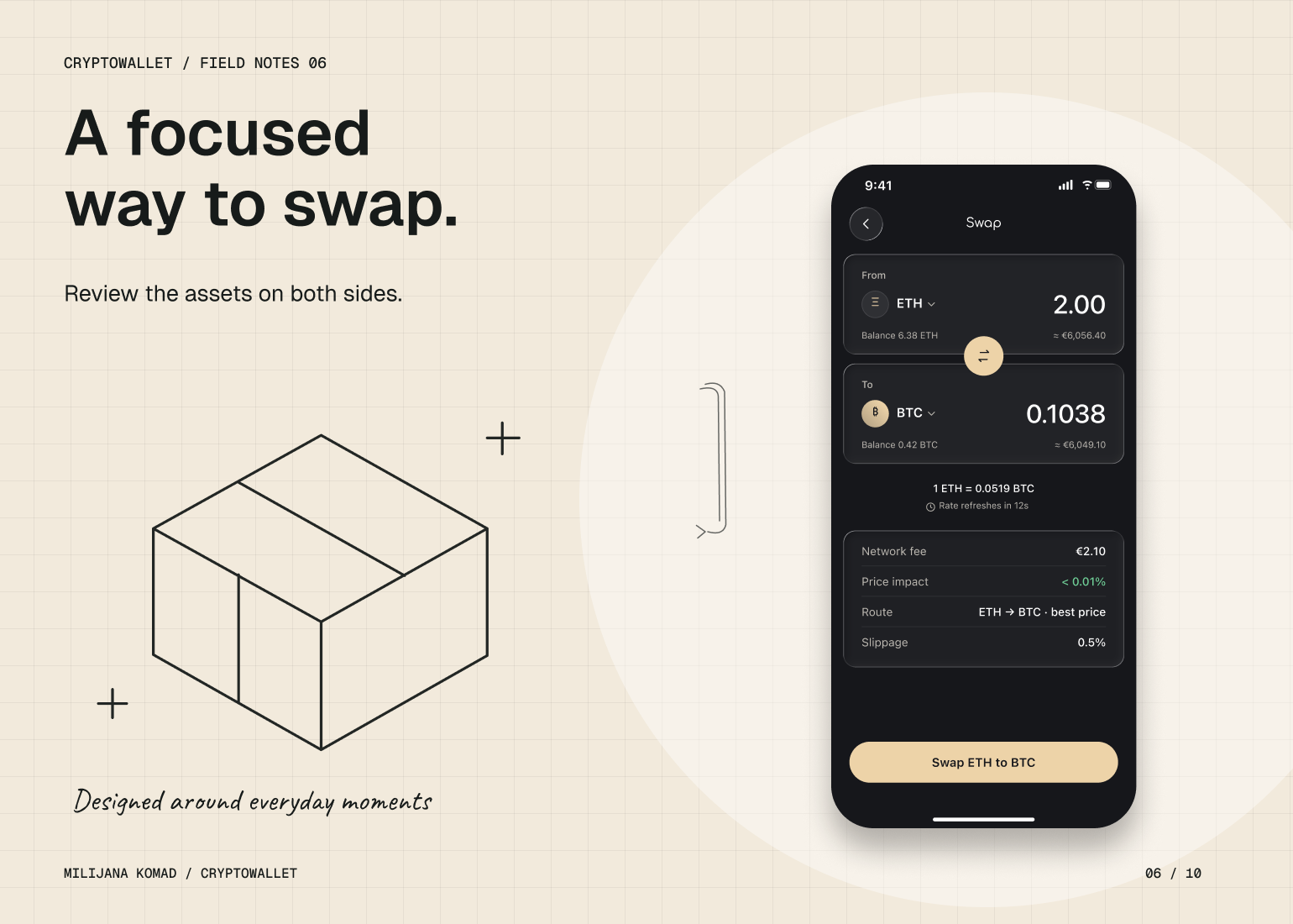 06 · A focused way to swap. — original app screen and hand-drawn story