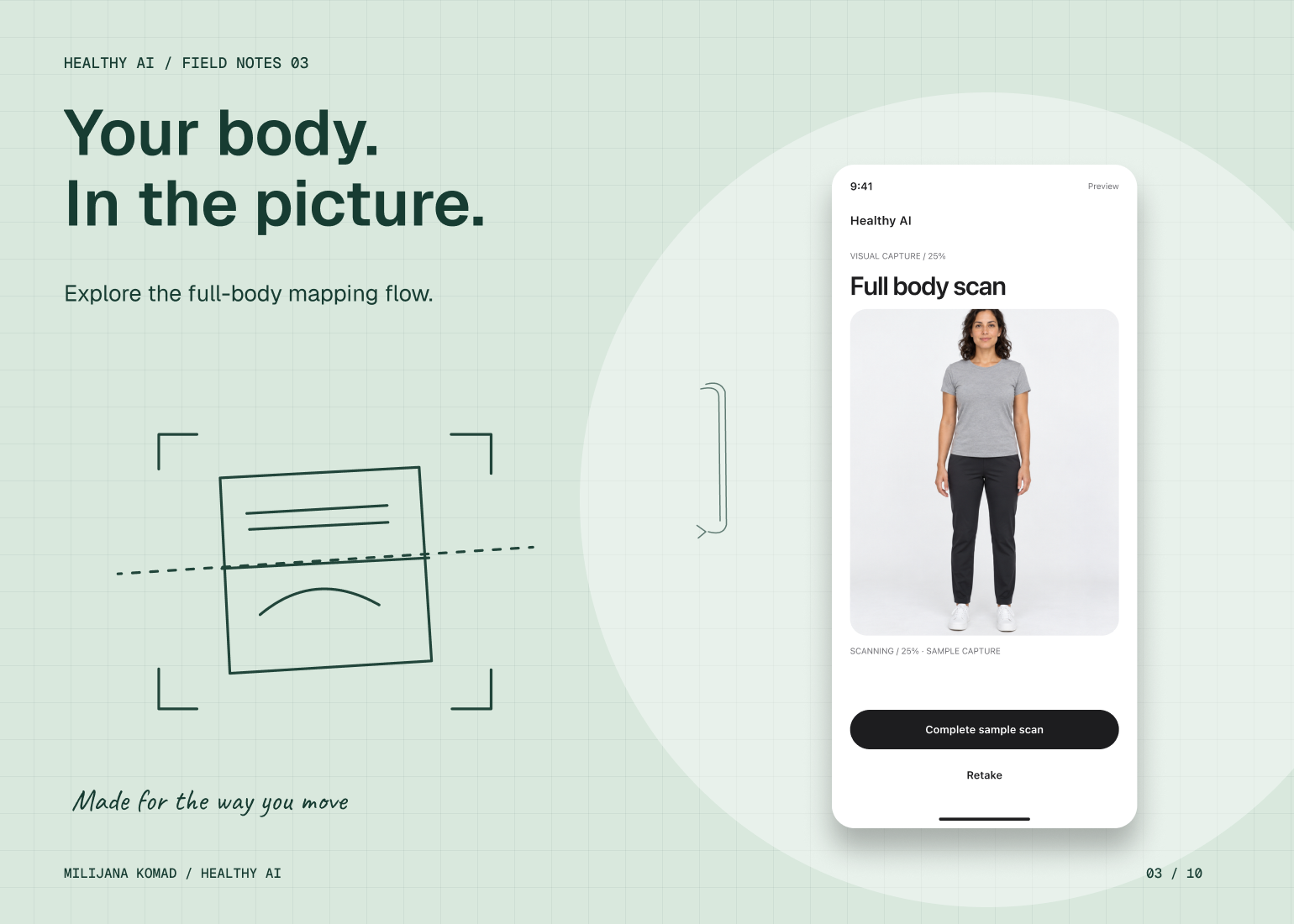 03 · Your body. In the picture. — original app screen and hand-drawn story