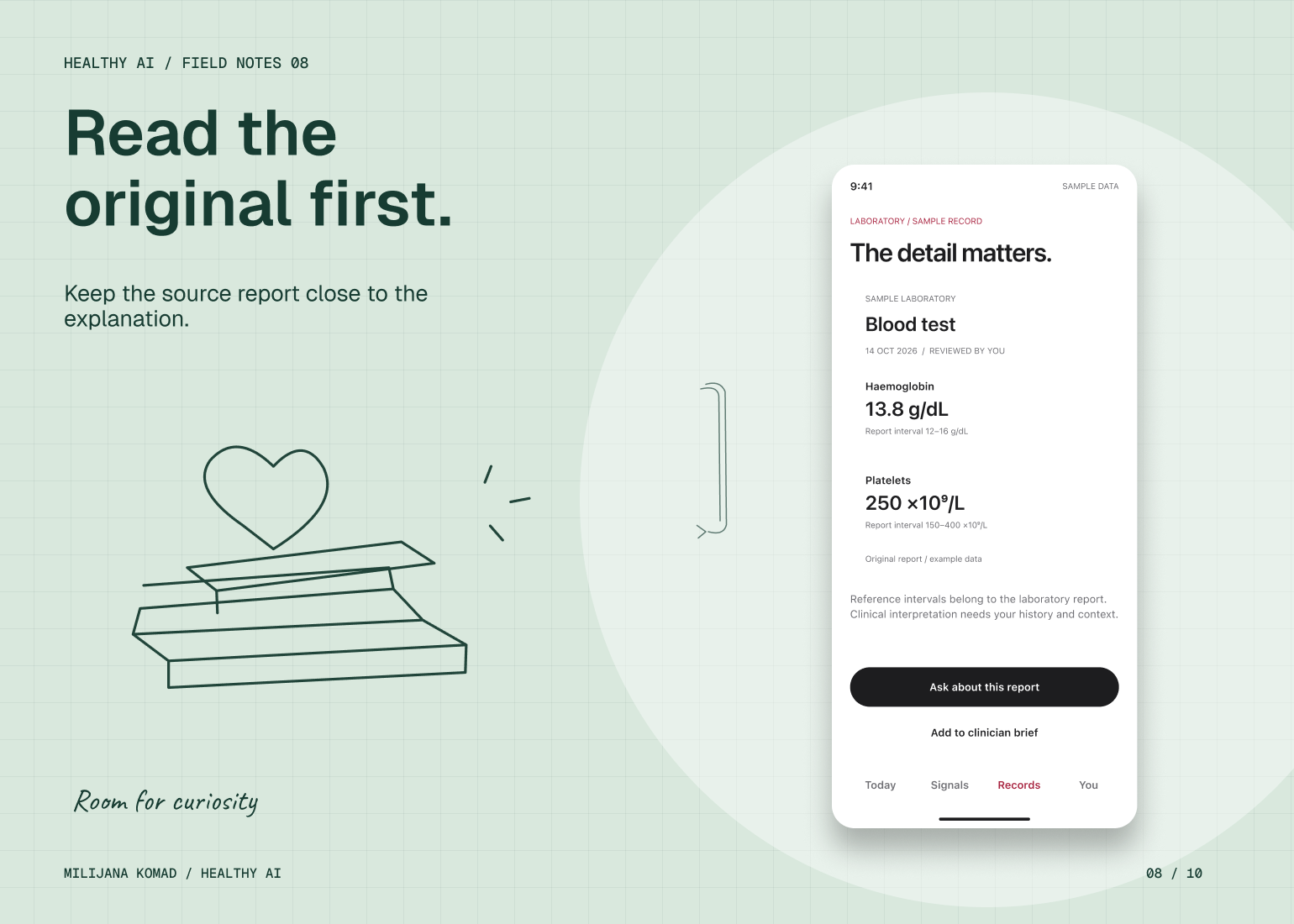 08 · Read the original first. — original app screen and hand-drawn story