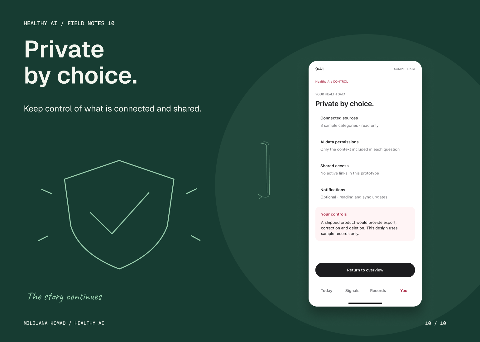 10 · Private by choice. — original app screen and hand-drawn story